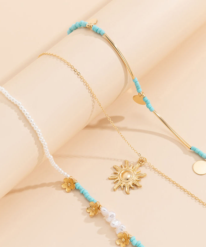 Boho Sterling Silver Alloy Beads Floral Planchet Three Piece Se Pendant Necklace RA027 ABC