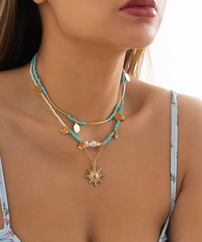 Boho Sterling Silver Alloy Beads Floral Planchet Three Piece Se Pendant Necklace RA027 ABC