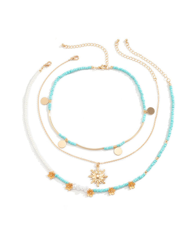 Boho Sterling Silver Alloy Beads Floral Planchet Three Piece Se Pendant Necklace RA027 ABC