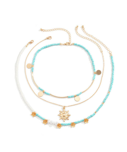 Boho Sterling Silver Alloy Beads Floral Planchet Three Piece Se Pendant Necklace RA027 ABC