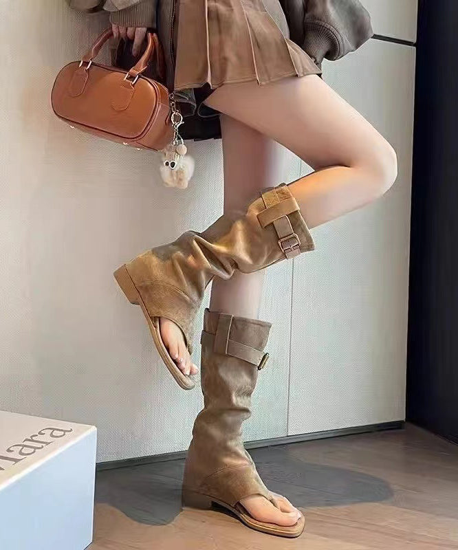 Boho Stylish Comfy Khaki Thong Sandals Boots OI059 shoe-XZ240801