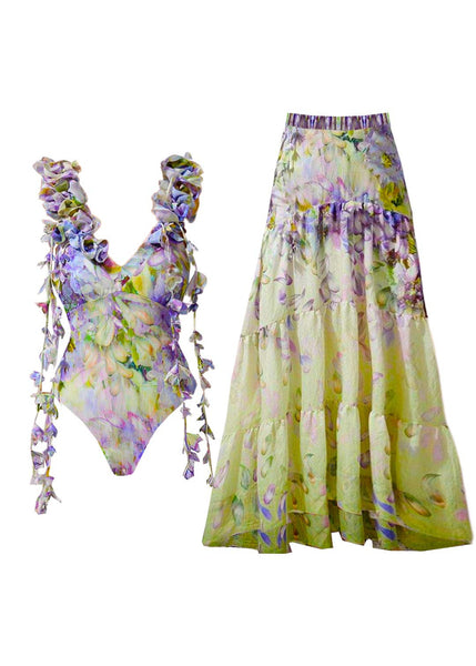 Set Lingerie Boho And Bodysuit Maxi V-Neck Print Skirts Patchwork FashionChic