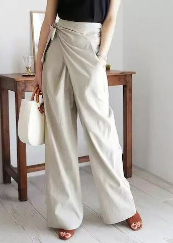White Straight Boho Fall Linen Side Asymmetrical Tie Pants Waist FashionChic