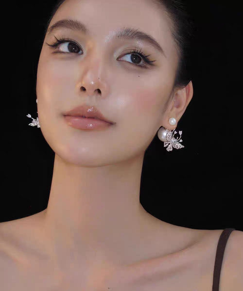 Boho White Copper Zircon Pearl Butterfly Stud Earrings YU012 ABC