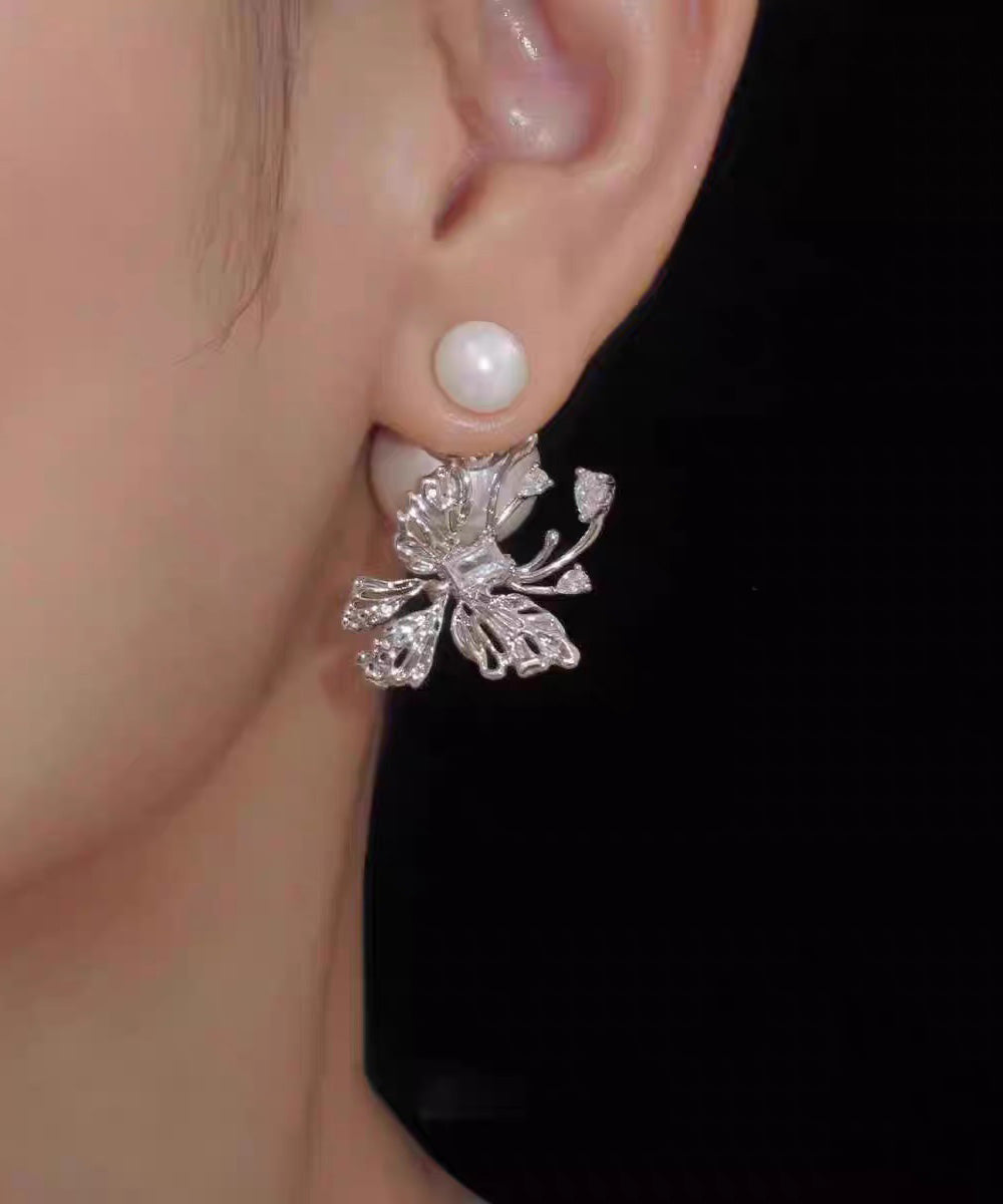 Boho White Copper Zircon Pearl Butterfly Stud Earrings YU012 ABC