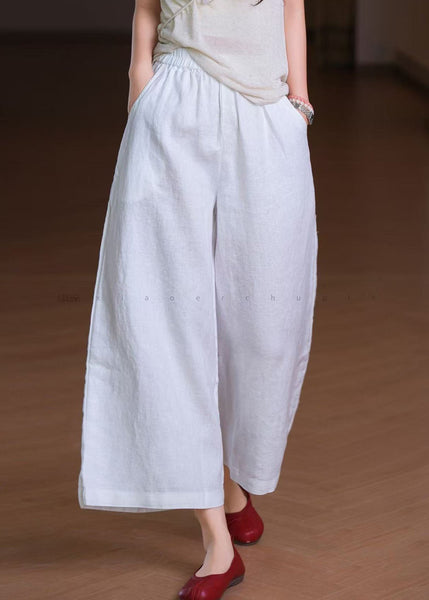 Boho Wide Summer Linen Pants Elastic White Leg Pockets Waist FashionChic