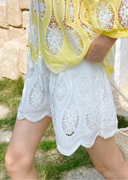 Cotton Summer Waist Embroidered Shorts White Elastic Boho FashionChic