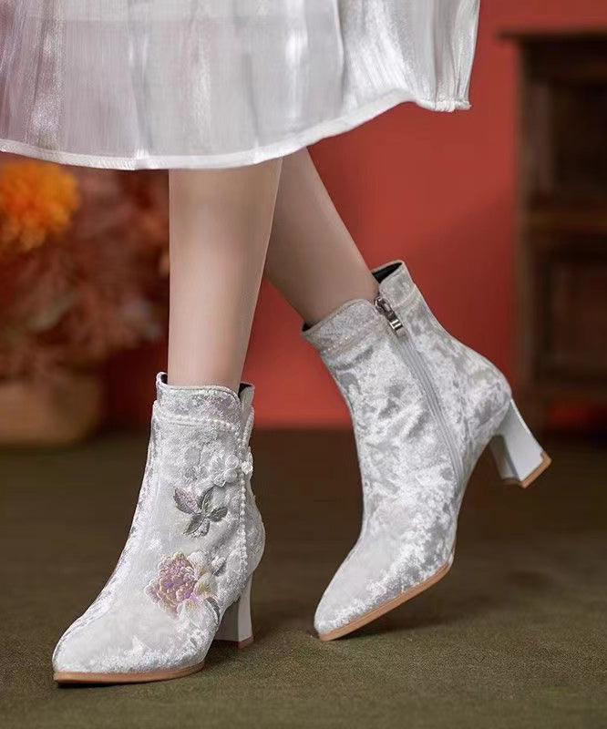 Boho White Embroidery Nail Bead Chunky Heel Boots CZ1056 Ada Fashion