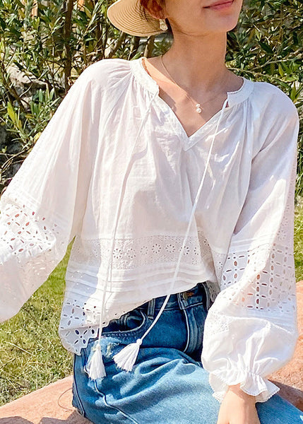 Butterfly Lace Boho Sleeve Shirt White Hollow Up Cotton Out FashionChic
