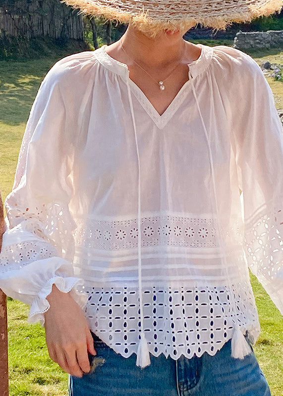 Butterfly Lace Boho Sleeve Shirt White Hollow Up Cotton Out FashionChic