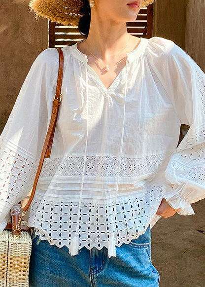 Butterfly Lace Boho Sleeve Shirt White Hollow Up Cotton Out FashionChic
