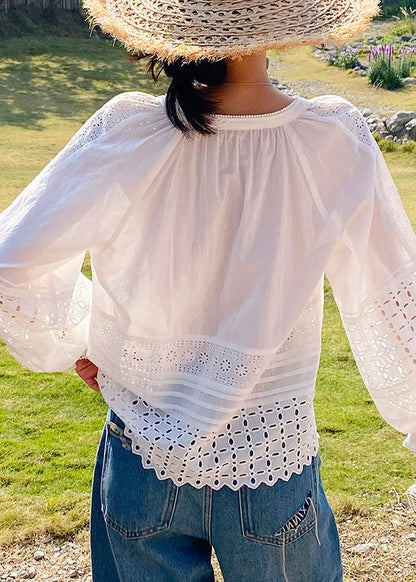 Butterfly Lace Boho Sleeve Shirt White Hollow Up Cotton Out FashionChic