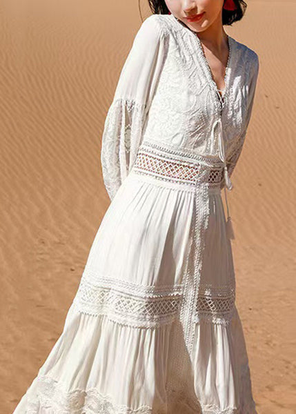 Sleeve Puff Long Out White Hollow Dress Boho Lace FashionChic