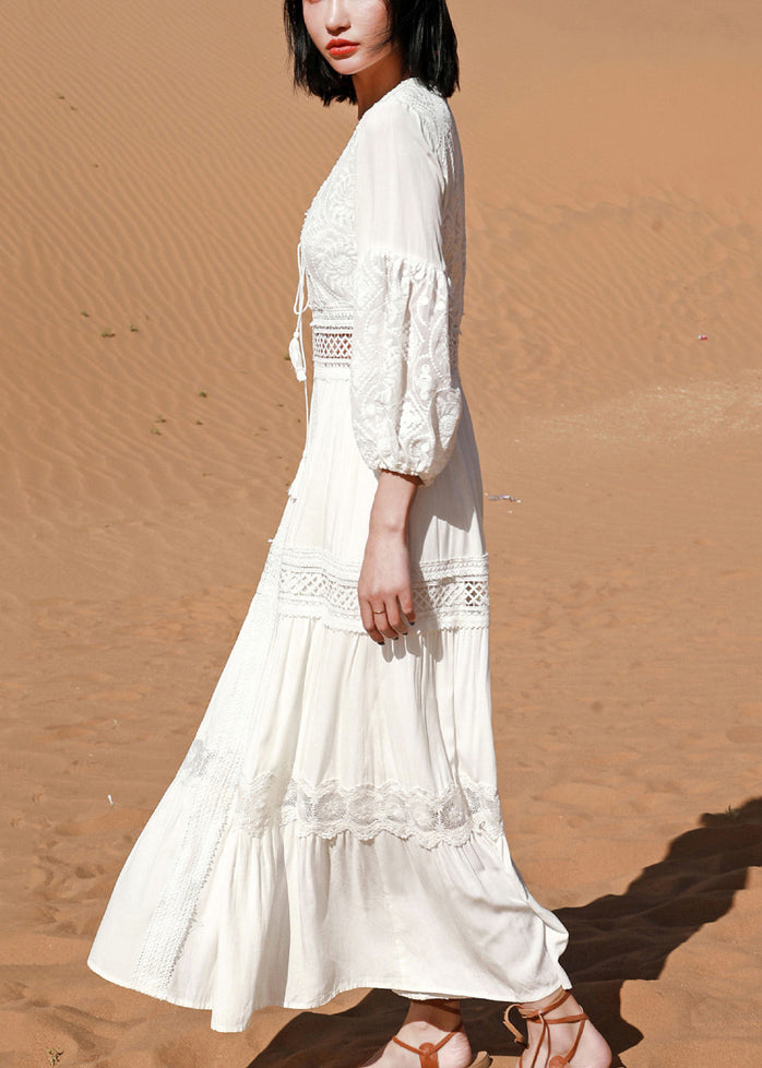 Sleeve Puff Long Out White Hollow Dress Boho Lace FashionChic