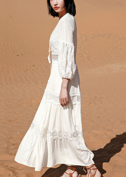 Sleeve Puff Long Out White Hollow Dress Boho Lace FashionChic