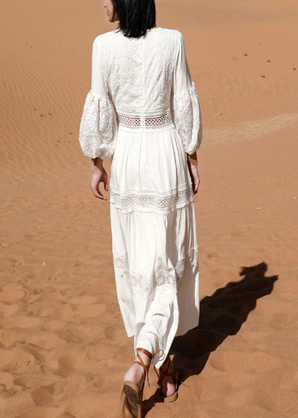 Sleeve Puff Long Out White Hollow Dress Boho Lace FashionChic