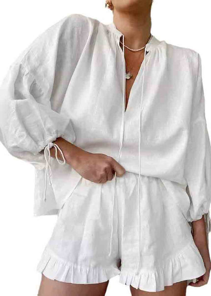 Sets Boho Ruffled Summer Women Oversized 2 Cotton White Pieces FashionChic