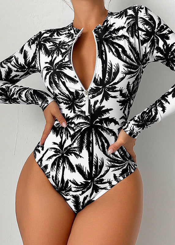 Boho White Print Zippered Bodysuit Swimwear VC018 WM-Beach-LTY240615