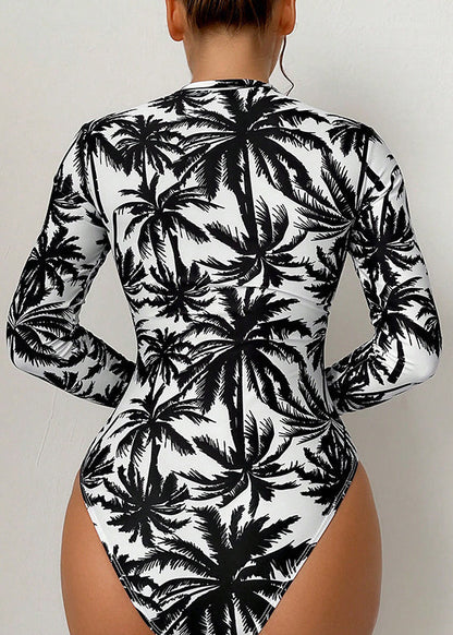 Boho White Print Zippered Bodysuit Swimwear VC018 WM-Beach-LTY240615