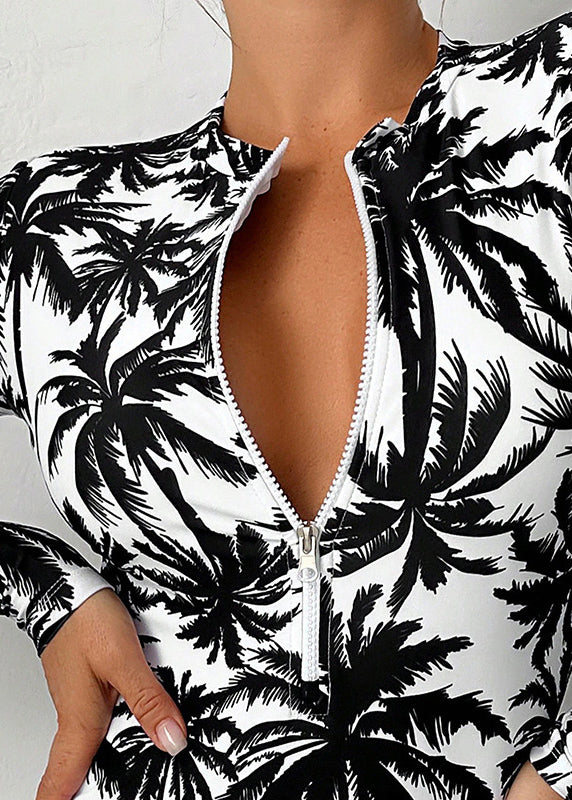 Boho White Print Zippered Bodysuit Swimwear VC018 WM-Beach-LTY240615