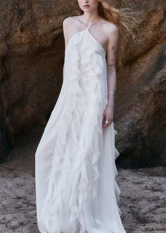 Ruffled White Up Lace Backless Maxi Chiffon Sleeveless Boho Dress FashionChic