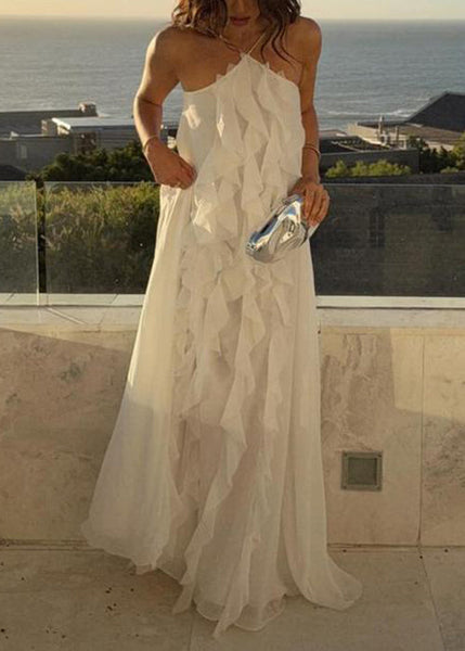 Ruffled White Up Lace Backless Maxi Chiffon Sleeveless Boho Dress FashionChic