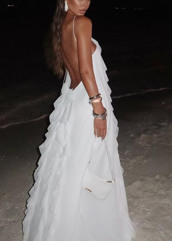 Ruffled White Up Lace Backless Maxi Chiffon Sleeveless Boho Dress FashionChic