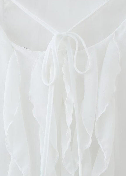 Ruffled White Up Lace Backless Maxi Chiffon Sleeveless Boho Dress FashionChic