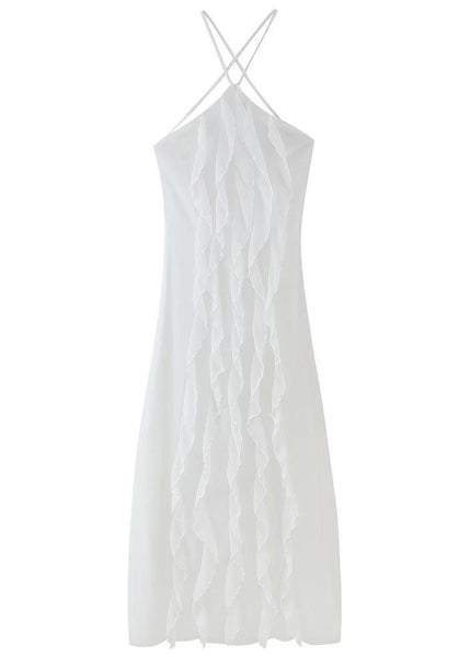 Ruffled White Up Lace Backless Maxi Chiffon Sleeveless Boho Dress FashionChic