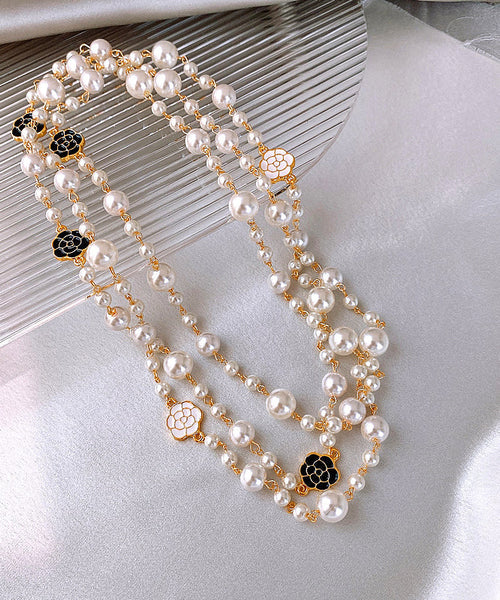 Boho White Sterling Silver Alloy Pearl Camellia Gratuated Bead Necklace PO010 JEW-NLC240729