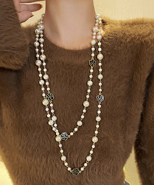 Boho White Sterling Silver Alloy Pearl Camellia Gratuated Bead Necklace PO010 JEW-NLC240729