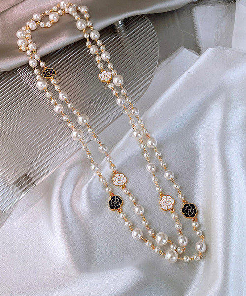 Boho White Sterling Silver Alloy Pearl Camellia Gratuated Bead Necklace PO010 JEW-NLC240729