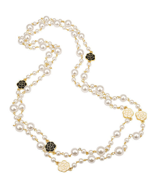 Boho White Sterling Silver Alloy Pearl Camellia Gratuated Bead Necklace PO010 JEW-NLC240729