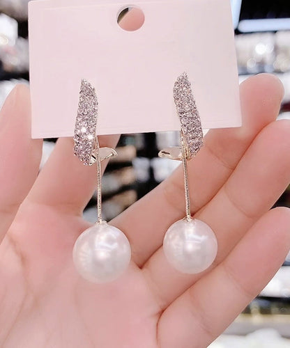 Boho White Sterling Silver Alloy Zircon Pearl Tassel Drop Earrings QJ033 JEW-EAR241021