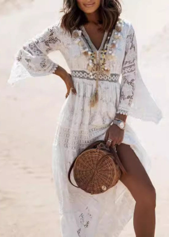 Boho White Tasseled Hollow Out Lace Dresses Summer TL038