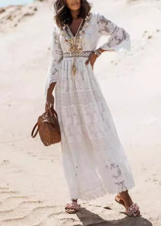 Boho White Tasseled Hollow Out Lace Dresses Summer TL038