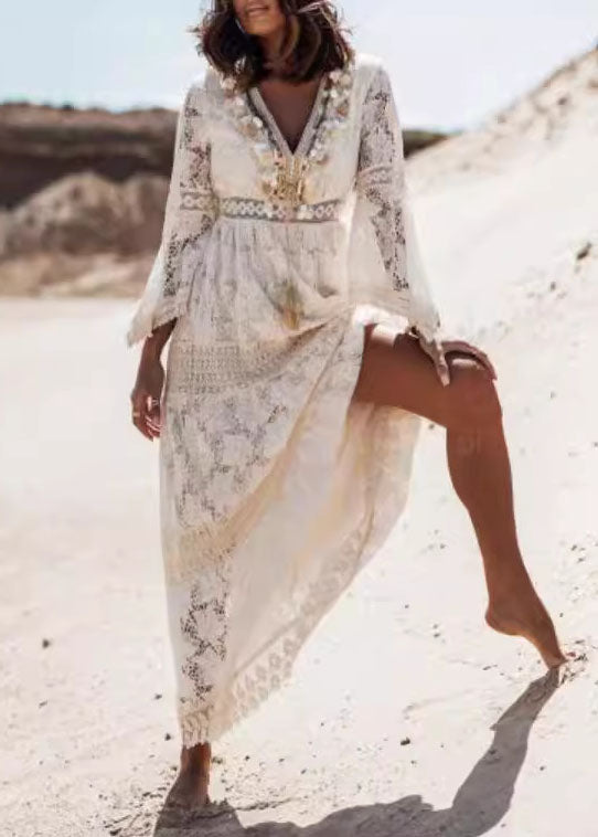 Boho White Tasseled Hollow Out Lace Dresses Summer TL038