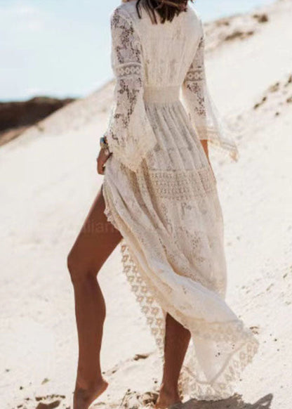 Boho White Tasseled Hollow Out Lace Dresses Summer TL038