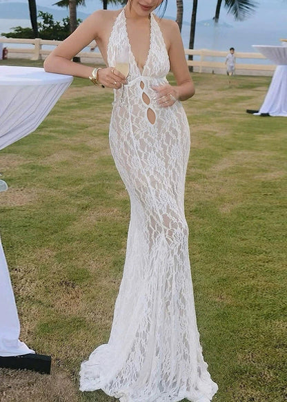 Dress Sleeveless Hollow Neck V White Lace Boho Ankle Out FashionChic