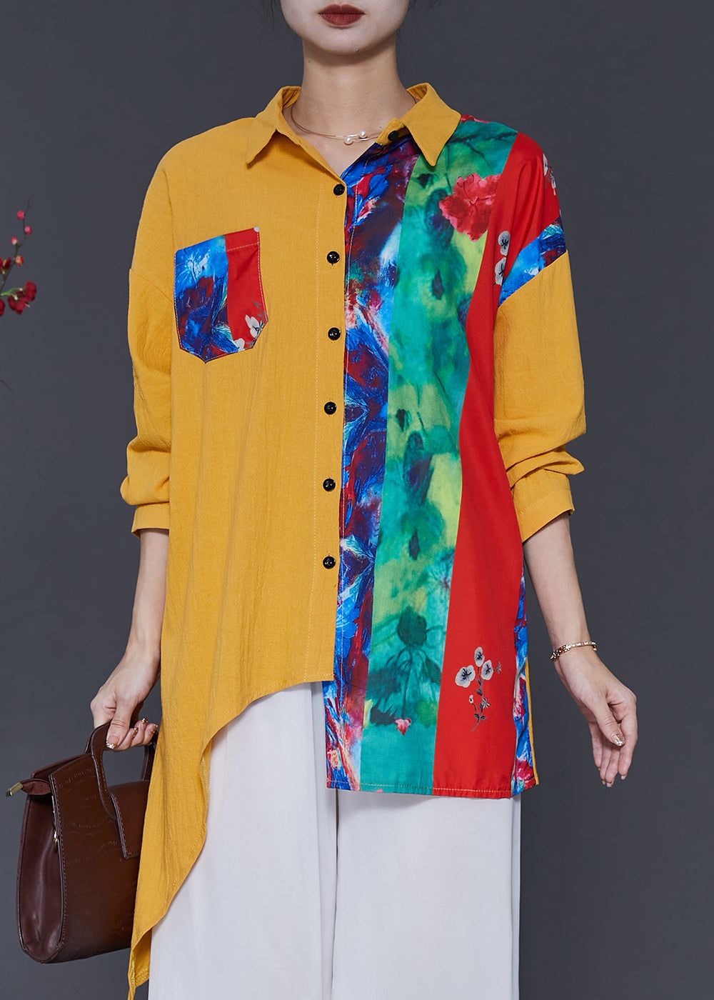 Boho Yellow Asymmetrical Tie Dye Linen Shirt Top Spring SD1087 Ada Fashion