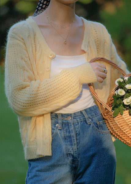 Boho Yellow Button Hollow Out Patchwork Knit Cardigan Fall TU034