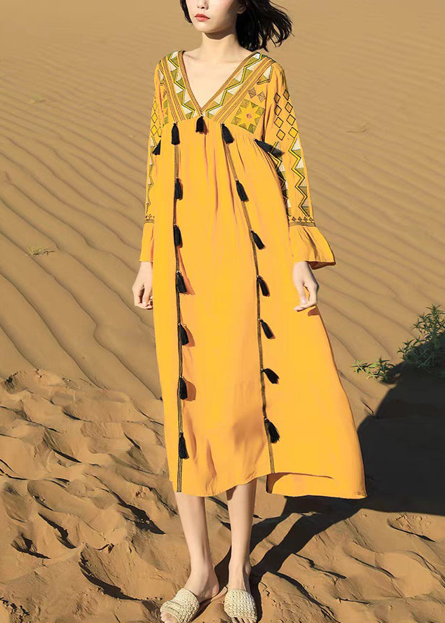 Fall Tasseled Cotton Dress Boho Patchwork Embroidered Yellow FashionChic