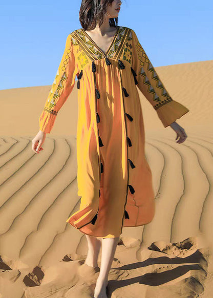 Fall Tasseled Cotton Dress Boho Patchwork Embroidered Yellow FashionChic