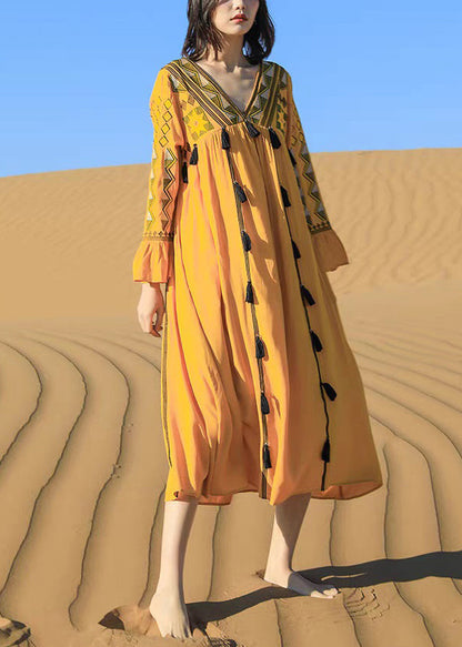 Fall Tasseled Cotton Dress Boho Patchwork Embroidered Yellow FashionChic