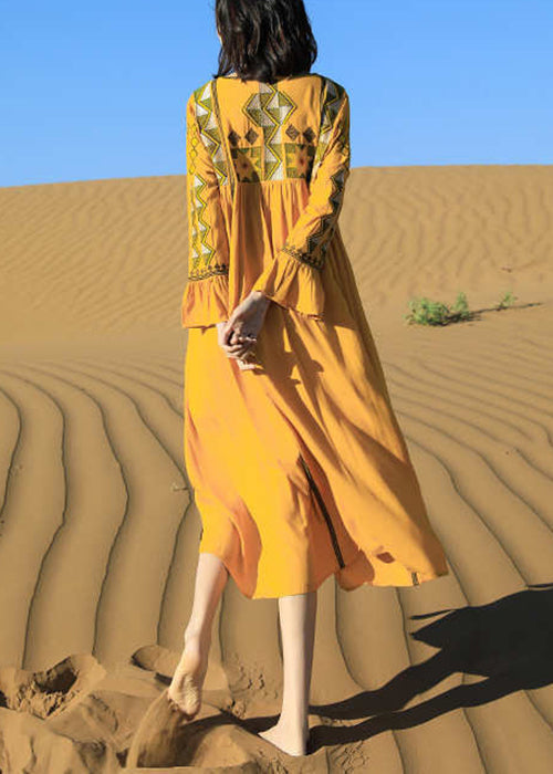 Fall Tasseled Cotton Dress Boho Patchwork Embroidered Yellow FashionChic