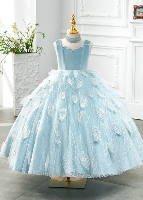 Boutique Baby Blue Turtleneck Rivet Tassel Tulle Girls Long Dress Sleeveless YG008 ABC