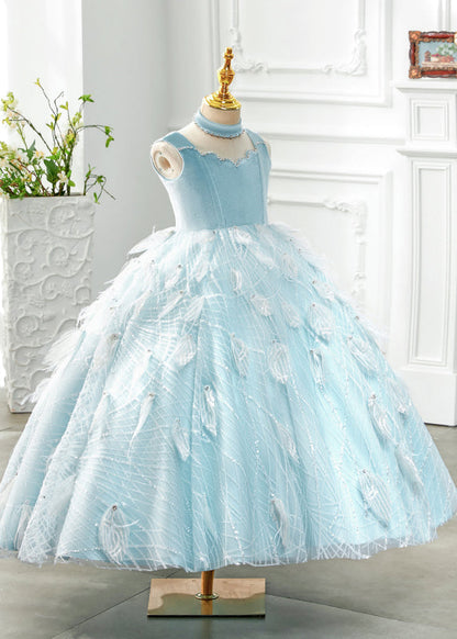 Boutique Baby Blue Turtleneck Rivet Tassel Tulle Girls Long Dress Sleeveless YG008 ABC