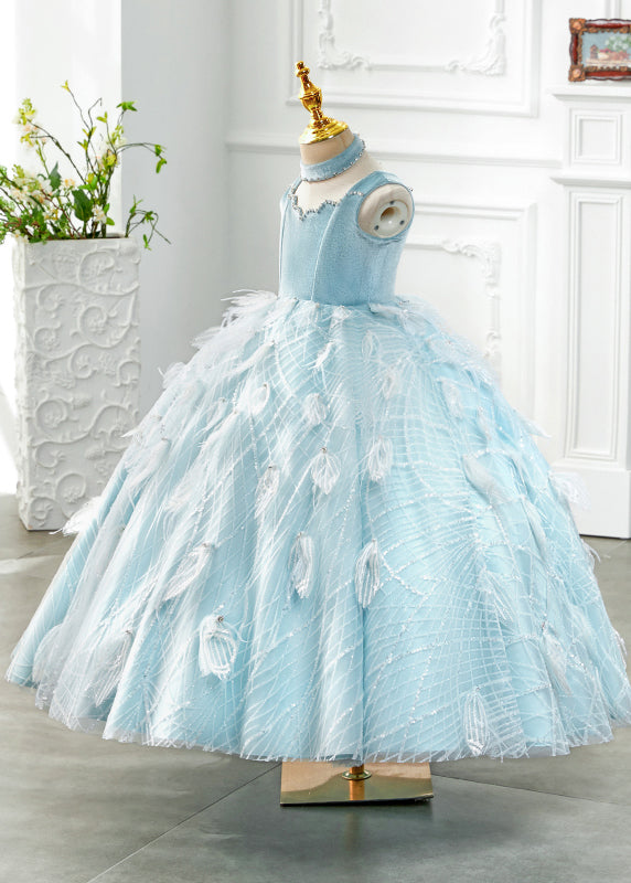 Boutique Baby Blue Turtleneck Rivet Tassel Tulle Girls Long Dress Sleeveless YG008 ABC