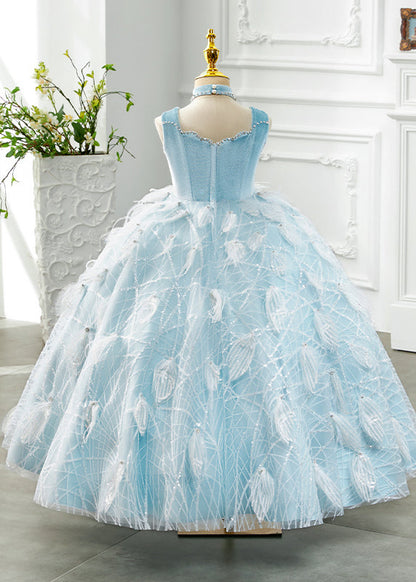 Boutique Baby Blue Turtleneck Rivet Tassel Tulle Girls Long Dress Sleeveless YG008 ABC