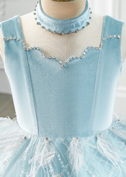 Boutique Baby Blue Turtleneck Rivet Tassel Tulle Girls Long Dress Sleeveless YG008 ABC